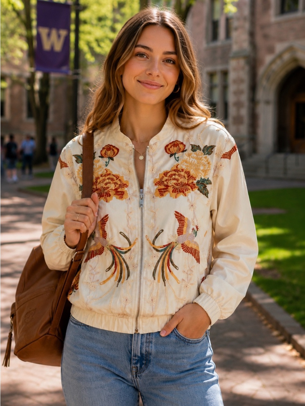 Topshop Embroidered Satin Bomber Jacket Size M Cream Floral Bird Zip Front